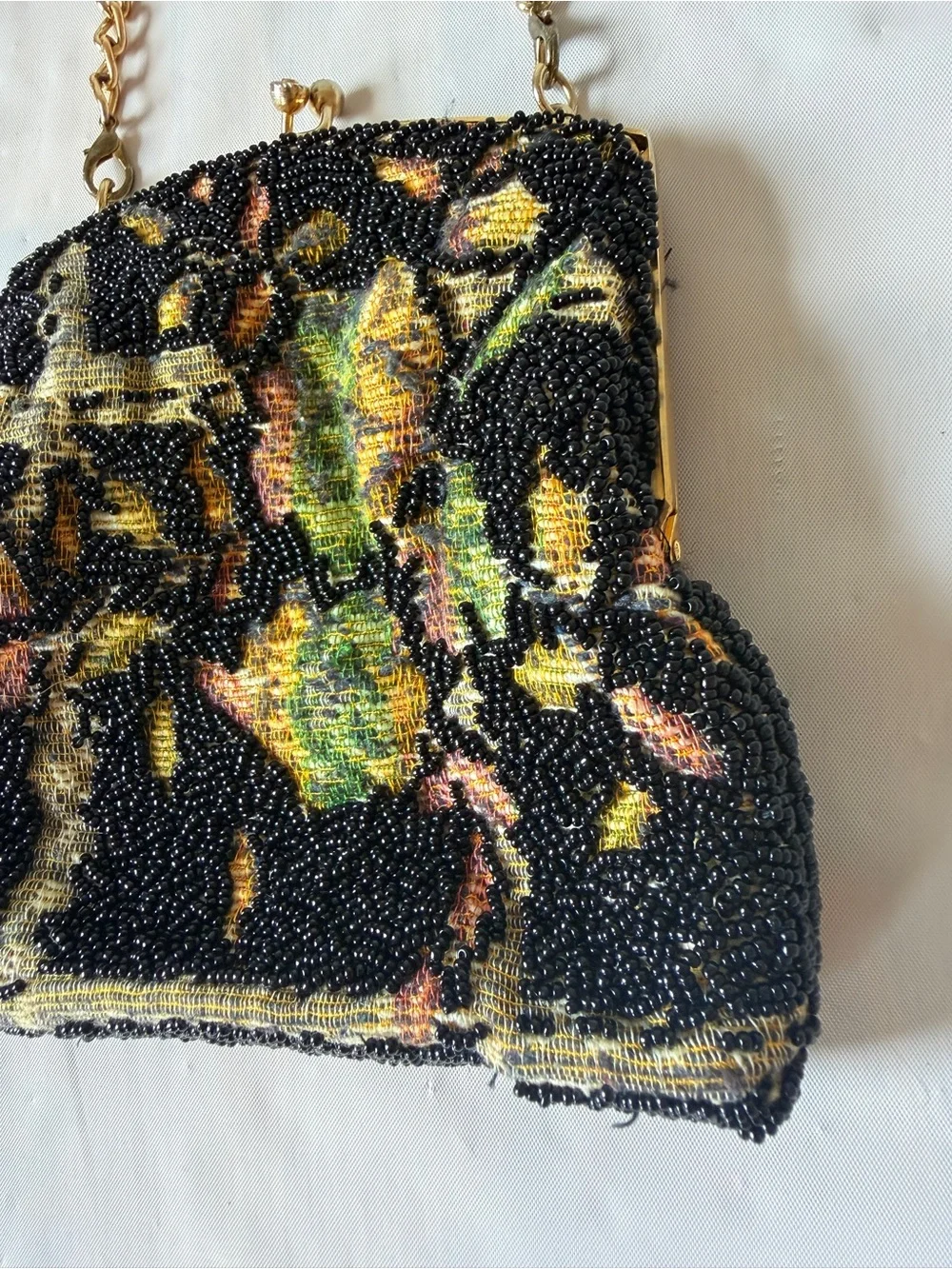 Vintage 60s Beaded Floral Tapestry Purse Hand Made Hong Kong Gold Chain Clutch